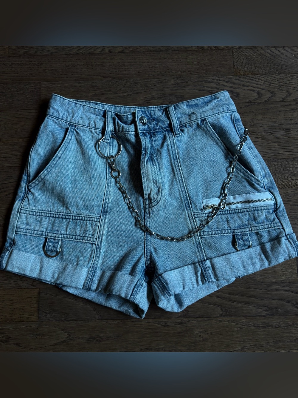 Hot Topic Light Blue Denim Cargo Shorts with Chain Accent